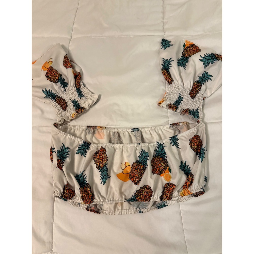 SHEIN Curve Pineapple Print Off the Shoulder Crop Top White 2XL PlusSize Smocked - Picture 1 of 5